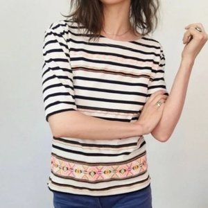J. CREW Stitchwork Stripe Boat Neck 1/2 Sleeve Shirt Neon Embroidery - Small